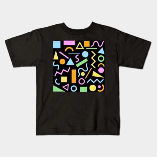 80s Style Shapes Pattern Color on Black Kids T-Shirt